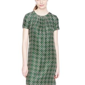 J Crew Silk Shift Dress Size 4 Back Cut-Out Latticework Medallion‎ Green Navy